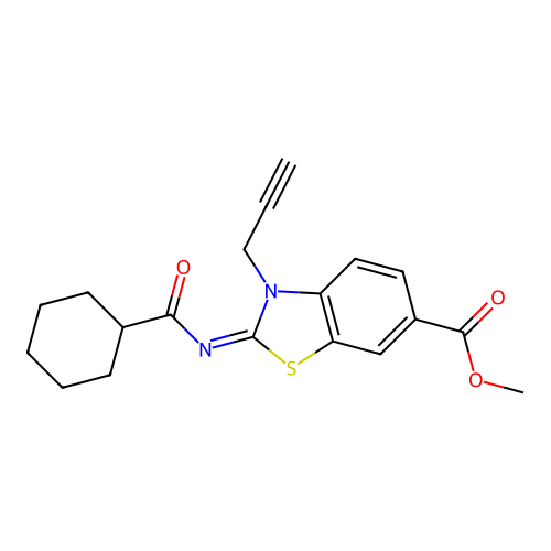 (Z)-methyl 2-((cyclohexanecarbonyl)imino)-3-(prop-2-yn-1-yl)-2,3-dihydrobenzo[d]thiazole-6-carboxylate structure
