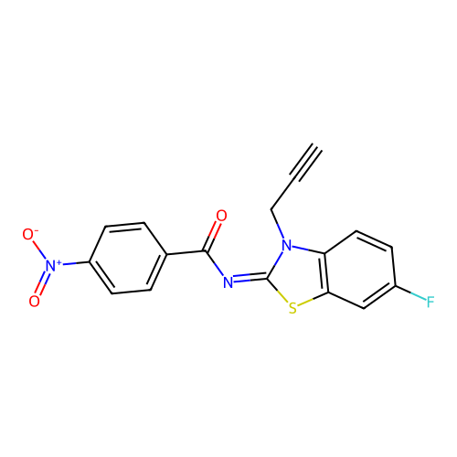(Z)-N-(6-fluoro-3-(prop-2-yn-1-yl)benzo[d]thiazol-2(3H)-ylidene)-4-nitrobenzamide structure