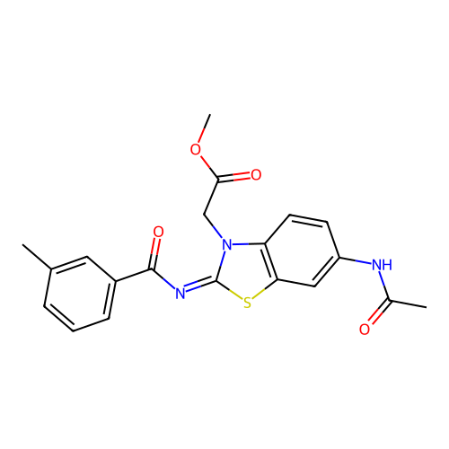 Methyl 2-[6-acetamido-2-(3-methylbenzoyl)imino-1,3-benzothiazol-3-yl]acetate structure