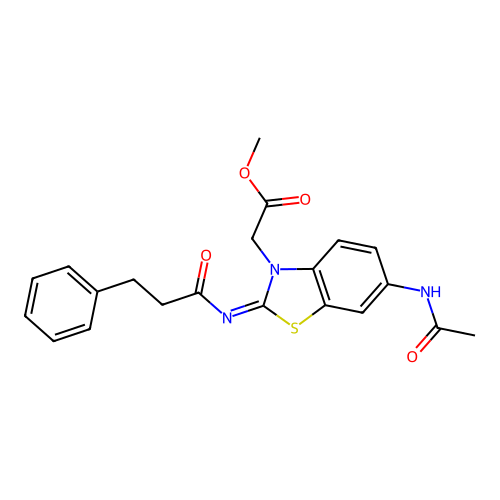 Methyl 2-[6-acetamido-2-(3-phenylpropanoylimino)-1,3-benzothiazol-3-yl]acetate structure