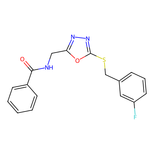 N-((5-((3-fluorobenzyl)thio)-1,3,4-oxadiazol-2-yl)methyl)benzamide structure