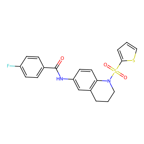 4-fluoro-N-(1-thiophen-2-ylsulfonyl-3,4-dihydro-2H-quinolin-6-yl)benzamide structure