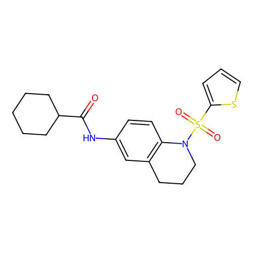 N-(1-thiophen-2-ylsulfonyl-3,4-dihydro-2H-quinolin-6-yl)cyclohexanecarboxamide structure