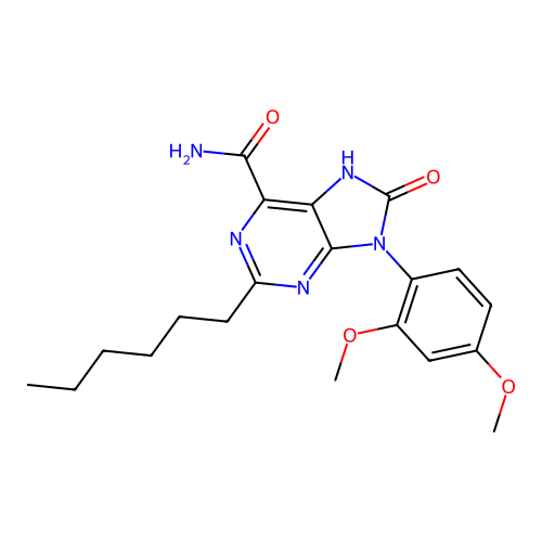 9-(2,4-dimethoxyphenyl)-2-hexyl-8-oxo-8,9-dihydro-7H-purine-6-carboxamide structure