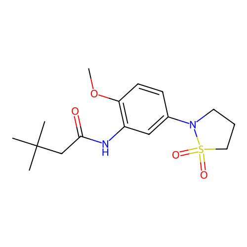 N-(5-(1,1-dioxidoisothiazolidin-2-yl)-2-methoxyphenyl)-3,3-dimethylbutanamide structure