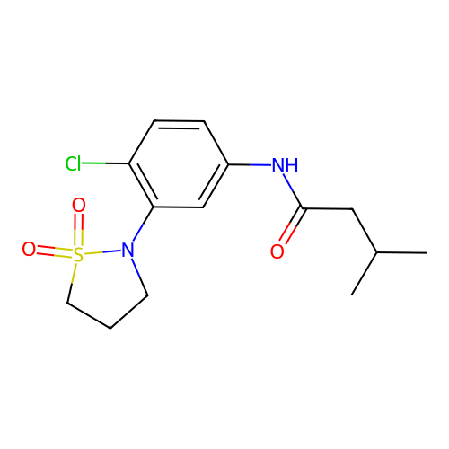 N-(4-chloro-3-(1,1-dioxidoisothiazolidin-2-yl)phenyl)-3-methylbutanamide structure