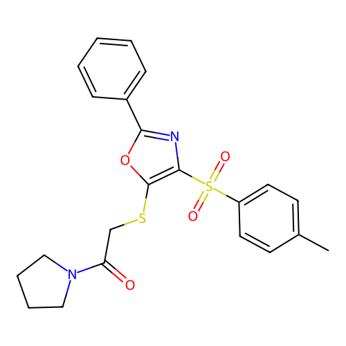 2-((2-Phenyl-4-tosyloxazol-5-yl)thio)-1-(pyrrolidin-1-yl)ethanone structure