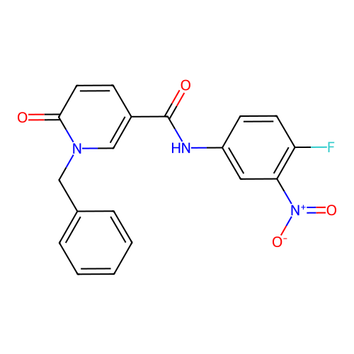 1-benzyl-N-(4-fluoro-3-nitrophenyl)-6-oxo-1,6-dihydropyridine-3-carboxamide structure
