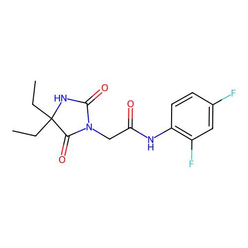 2-(4,4-diethyl-2,5-dioxoimidazolidin-1-yl)-N-(2,4-difluorophenyl)acetamide structure