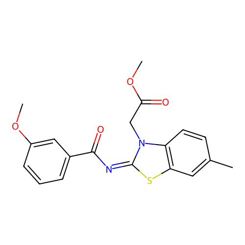 Methyl 2-[2-(3-methoxybenzoyl)imino-6-methyl-1,3-benzothiazol-3-yl]acetate structure