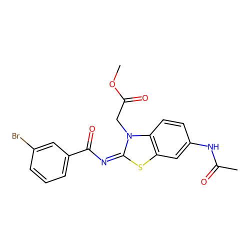 Methyl 2-[6-acetamido-2-(3-bromobenzoyl)imino-1,3-benzothiazol-3-yl]acetate structure