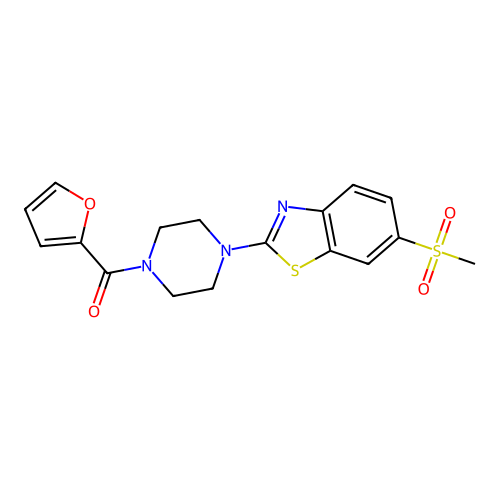Furan-2-yl(4-(6-(methylsulfonyl)benzo[d]thiazol-2-yl)piperazin-1-yl)methanone structure