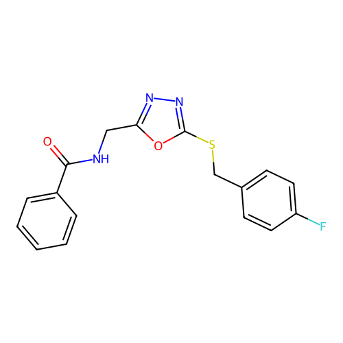 N-((5-((4-fluorobenzyl)thio)-1,3,4-oxadiazol-2-yl)methyl)benzamide structure