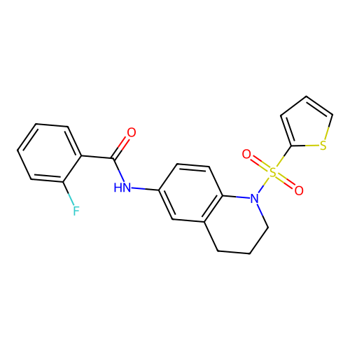 2-fluoro-N-(1-thiophen-2-ylsulfonyl-3,4-dihydro-2H-quinolin-6-yl)benzamide structure