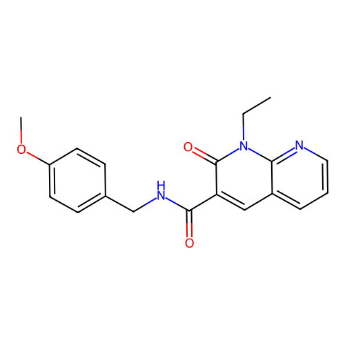 1-ethyl-N-(4-methoxybenzyl)-2-oxo-1,2-dihydro-1,8-naphthyridine-3-carboxamide structure