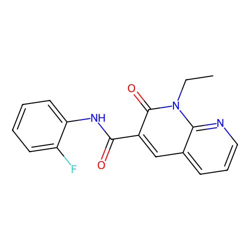 1-ethyl-N-(2-fluorophenyl)-2-oxo-1,2-dihydro-1,8-naphthyridine-3-carboxamide structure