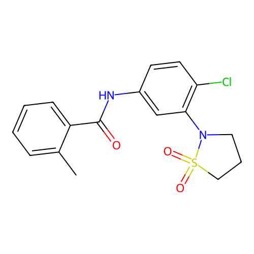 N-(4-chloro-3-(1,1-dioxidoisothiazolidin-2-yl)phenyl)-2-methylbenzamide structure