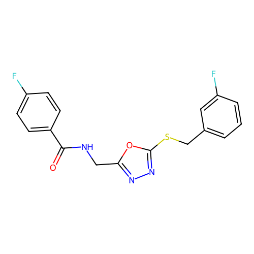 4-fluoro-N-((5-((3-fluorobenzyl)thio)-1,3,4-oxadiazol-2-yl)methyl)benzamide structure