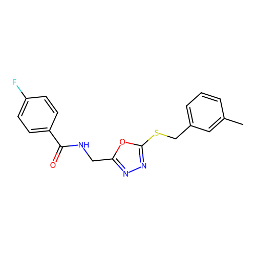 4-fluoro-N-((5-((3-methylbenzyl)thio)-1,3,4-oxadiazol-2-yl)methyl)benzamide structure