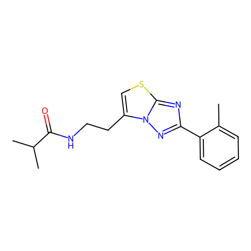 N-(2-(2-(o-tolyl)thiazolo[3,2-b][1,2,4]triazol-6-yl)ethyl)isobutyramide structure