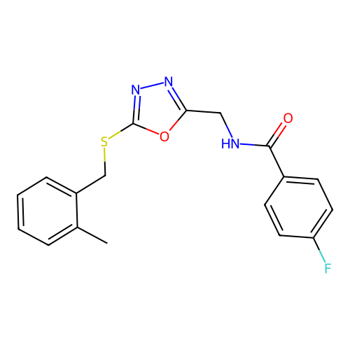 4-fluoro-N-((5-((2-methylbenzyl)thio)-1,3,4-oxadiazol-2-yl)methyl)benzamide structure