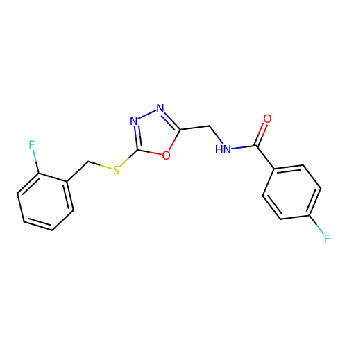 4-fluoro-N-((5-((2-fluorobenzyl)thio)-1,3,4-oxadiazol-2-yl)methyl)benzamide structure