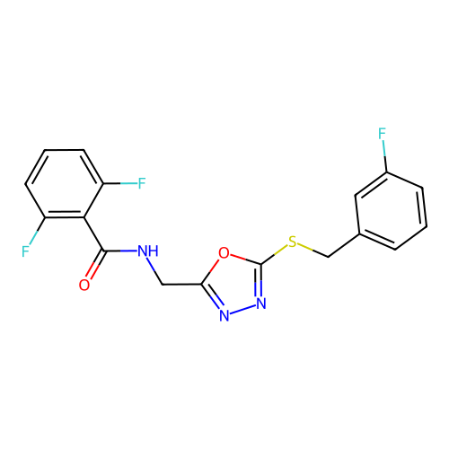 2,6-difluoro-N-((5-((3-fluorobenzyl)thio)-1,3,4-oxadiazol-2-yl)methyl)benzamide structure