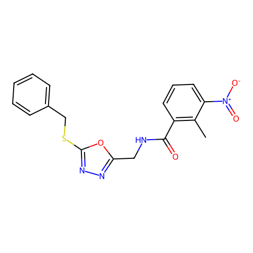 N-[(5-benzylsulfanyl-1,3,4-oxadiazol-2-yl)methyl]-2-methyl-3-nitrobenzamide structure