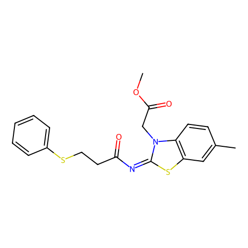 (Z)-methyl 2-(6-methyl-2-((3-(phenylthio)propanoyl)imino)benzo[d]thiazol-3(2H)-yl)acetate structure