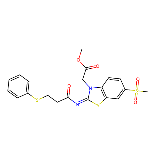 methyl 2-[6-methylsulfonyl-2-(3-phenylsulfanylpropanoylimino)-1,3-benzothiazol-3-yl]acetate structure