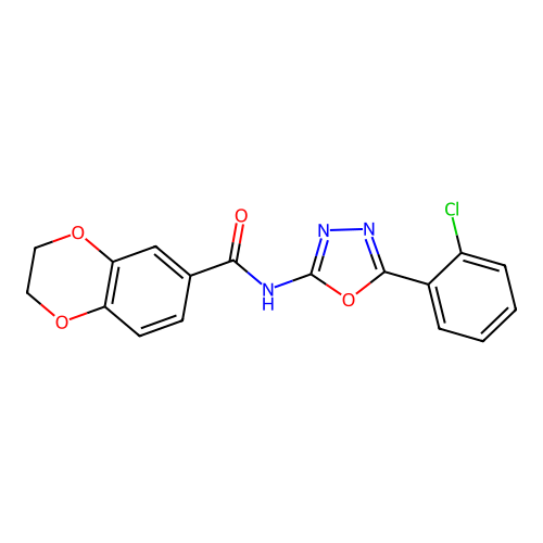 N-[5-(2-chlorophenyl)-1,3,4-oxadiazol-2-yl]-2,3-dihydro-1,4-benzodioxine-6-carboxamide structure