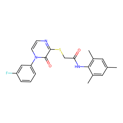 2-((4-(3-fluorophenyl)-3-oxo-3,4-dihydropyrazin-2-yl)thio)-N-mesitylacetamide structure