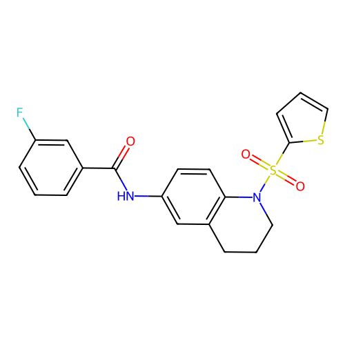 3-fluoro-N-(1-thiophen-2-ylsulfonyl-3,4-dihydro-2H-quinolin-6-yl)benzamide structure
