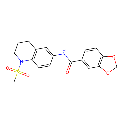 N-(1-methylsulfonyl-3,4-dihydro-2H-quinolin-6-yl)-1,3-benzodioxole-5-carboxamide structure