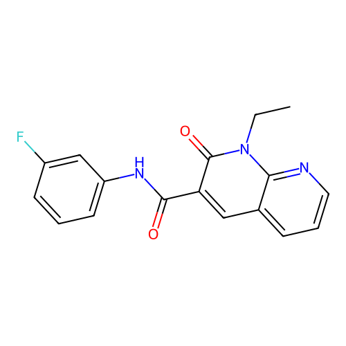 1-ethyl-N-(3-fluorophenyl)-2-oxo-1,2-dihydro-1,8-naphthyridine-3-carboxamide structure
