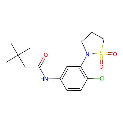 N-(4-chloro-3-(1,1-dioxidoisothiazolidin-2-yl)phenyl)-3,3-dimethylbutanamide structure