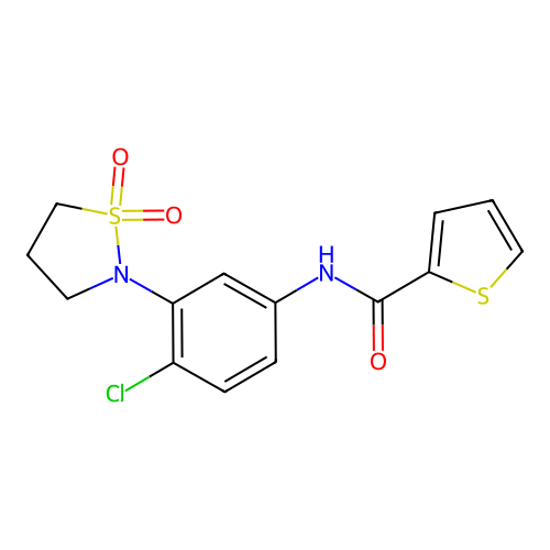 N-(4-chloro-3-(1,1-dioxidoisothiazolidin-2-yl)phenyl)thiophene-2-carboxamide structure