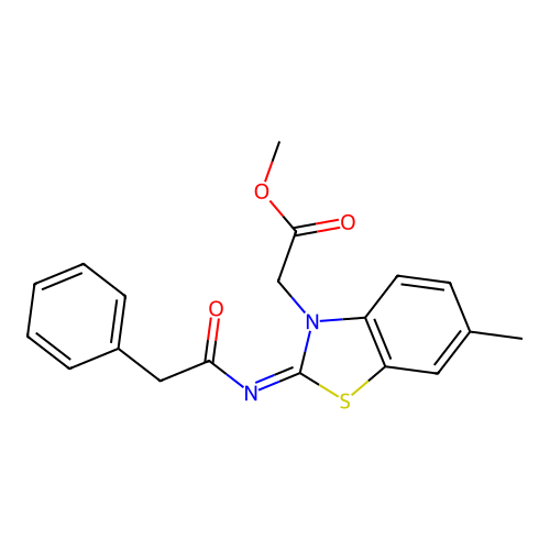 Methyl 2-[6-methyl-2-(2-phenylacetyl)imino-1,3-benzothiazol-3-yl]acetate structure