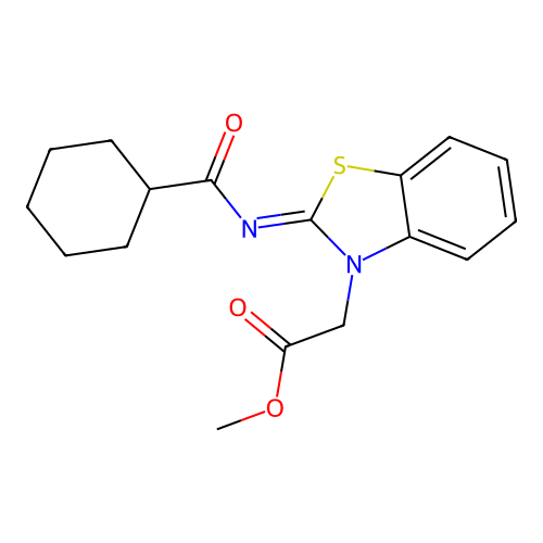 (Z)-methyl 2-(2-((cyclohexanecarbonyl)imino)benzo[d]thiazol-3(2H)-yl)acetate structure