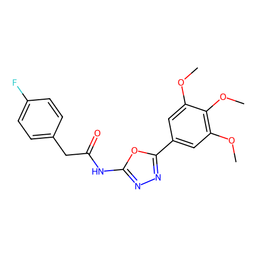 2-(4-fluorophenyl)-N-[5-(3,4,5-trimethoxyphenyl)-1,3,4-oxadiazol-2-yl]acetamide structure