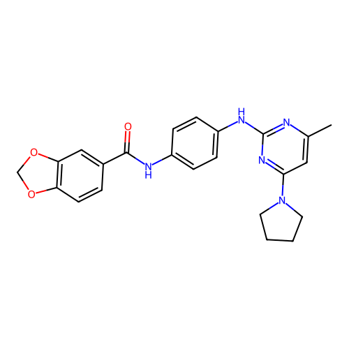 N-(4-{[4-methyl-6-(pyrrolidin-1-yl)pyrimidin-2-yl]amino}phenyl)-2H-1,3-benzodioxole-5-carboxamide structure
