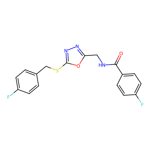 4-fluoro-N-((5-((4-fluorobenzyl)thio)-1,3,4-oxadiazol-2-yl)methyl)benzamide structure