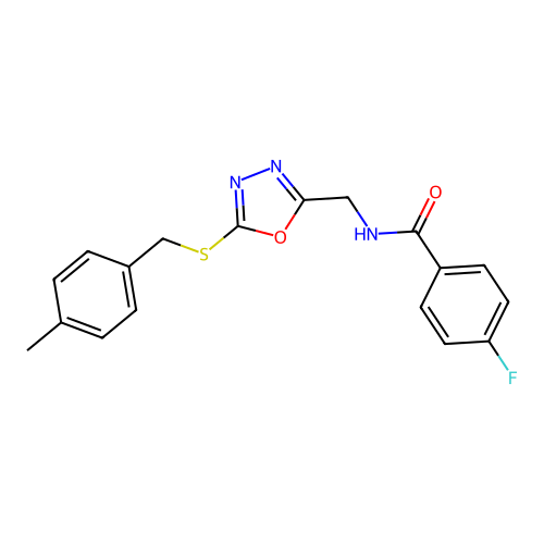 4-fluoro-N-((5-((4-methylbenzyl)thio)-1,3,4-oxadiazol-2-yl)methyl)benzamide structure