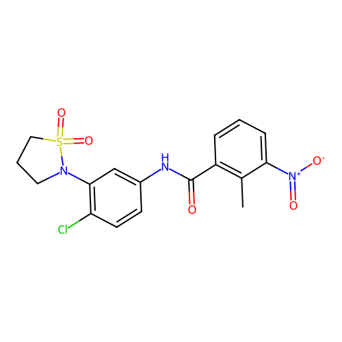 N-(4-chloro-3-(1,1-dioxidoisothiazolidin-2-yl)phenyl)-2-methyl-3-nitrobenzamide structure