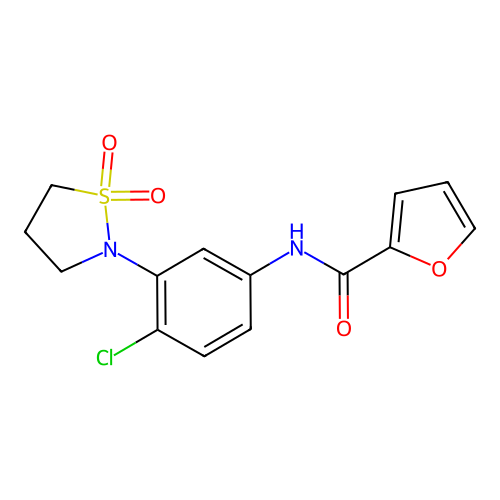 N-(4-chloro-3-(1,1-dioxidoisothiazolidin-2-yl)phenyl)furan-2-carboxamide structure