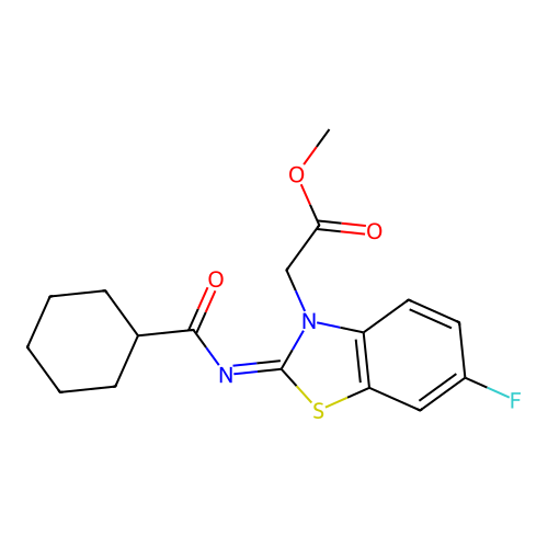 Methyl 2-[2-(cyclohexanecarbonylimino)-6-fluoro-1,3-benzothiazol-3-yl]acetate structure