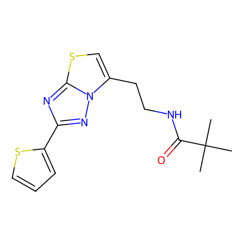 N-(2-(2-(thiophen-2-yl)thiazolo[3,2-b][1,2,4]triazol-6-yl)ethyl)pivalamide structure