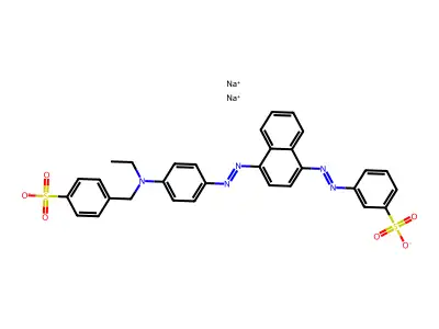 3-((4-((4-(Ethyl((4-sulphophenyl)methyl)amino)phenyl)azo)-1-naphthyl)azo)benzenesulphonic acid, sodium salt structure