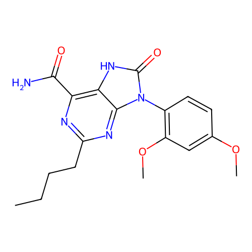 2-butyl-9-(2,4-dimethoxyphenyl)-8-oxo-8,9-dihydro-7H-purine-6-carboxamide structure
