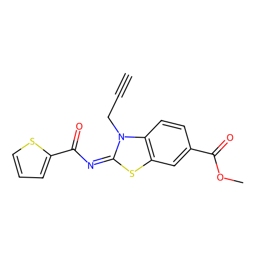 (Z)-methyl 3-(prop-2-yn-1-yl)-2-((thiophene-2-carbonyl)imino)-2,3-dihydrobenzo[d]thiazole-6-carboxylate structure